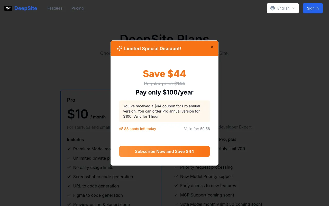 Deepsite — pricing page