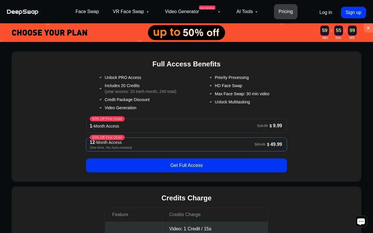 DeepSwap — pricing page