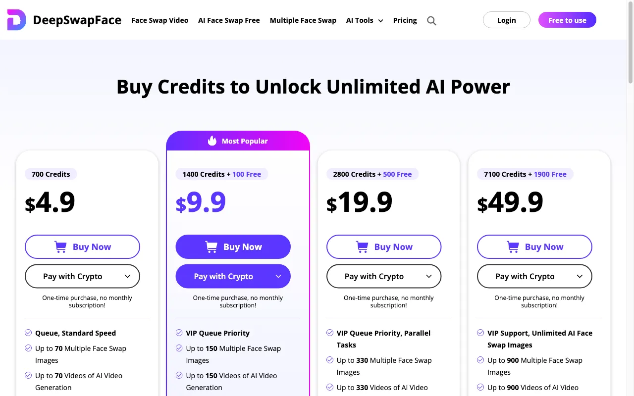 DeepSwapFace — pricing page