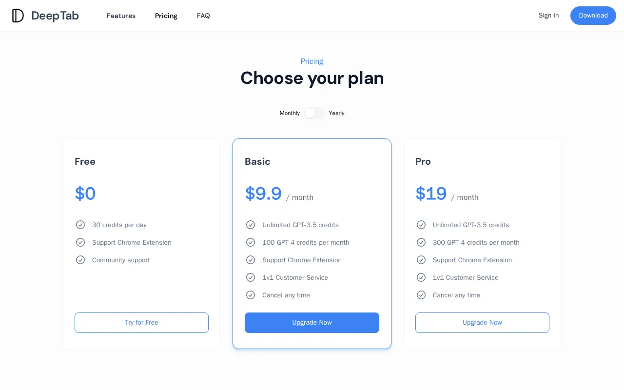 DeepTab — pricing page