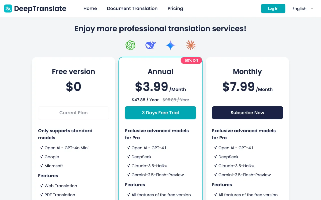 DeepTranslate-全页&双语页面翻译器 — pricing page
