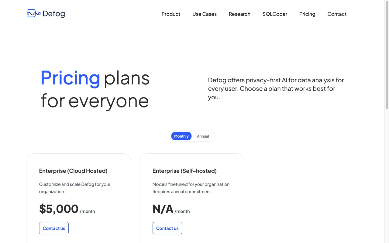 Defog — pricing page