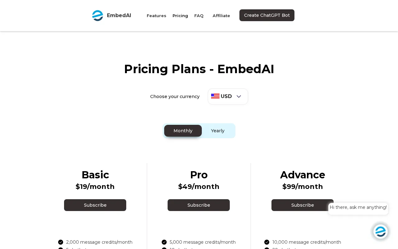 EmbedAI — pricing page