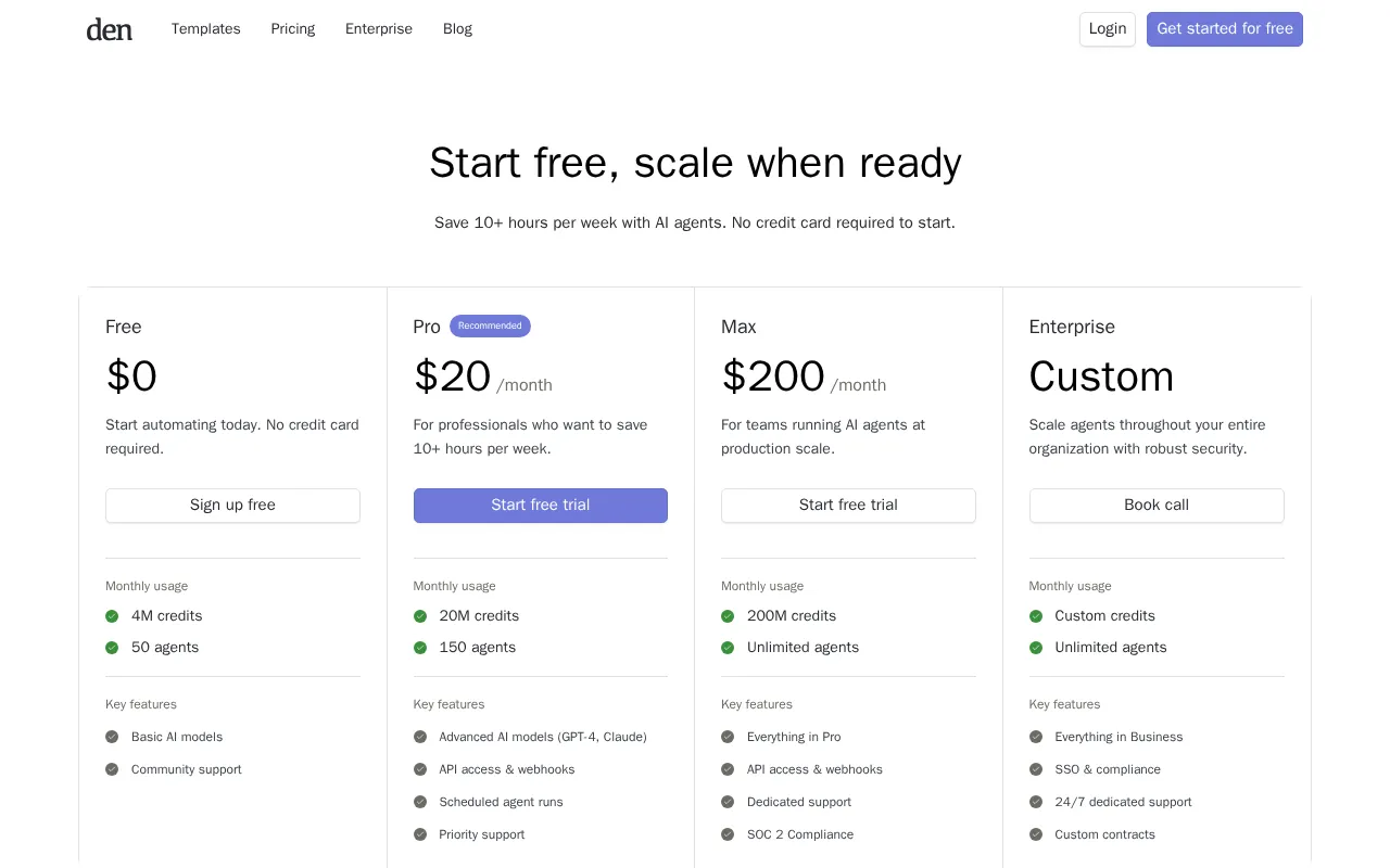 Den — pricing page