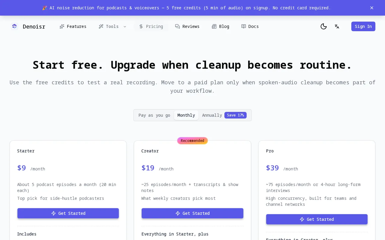 Denoisr — pricing page