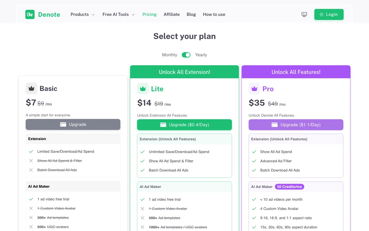 Denote — pricing page