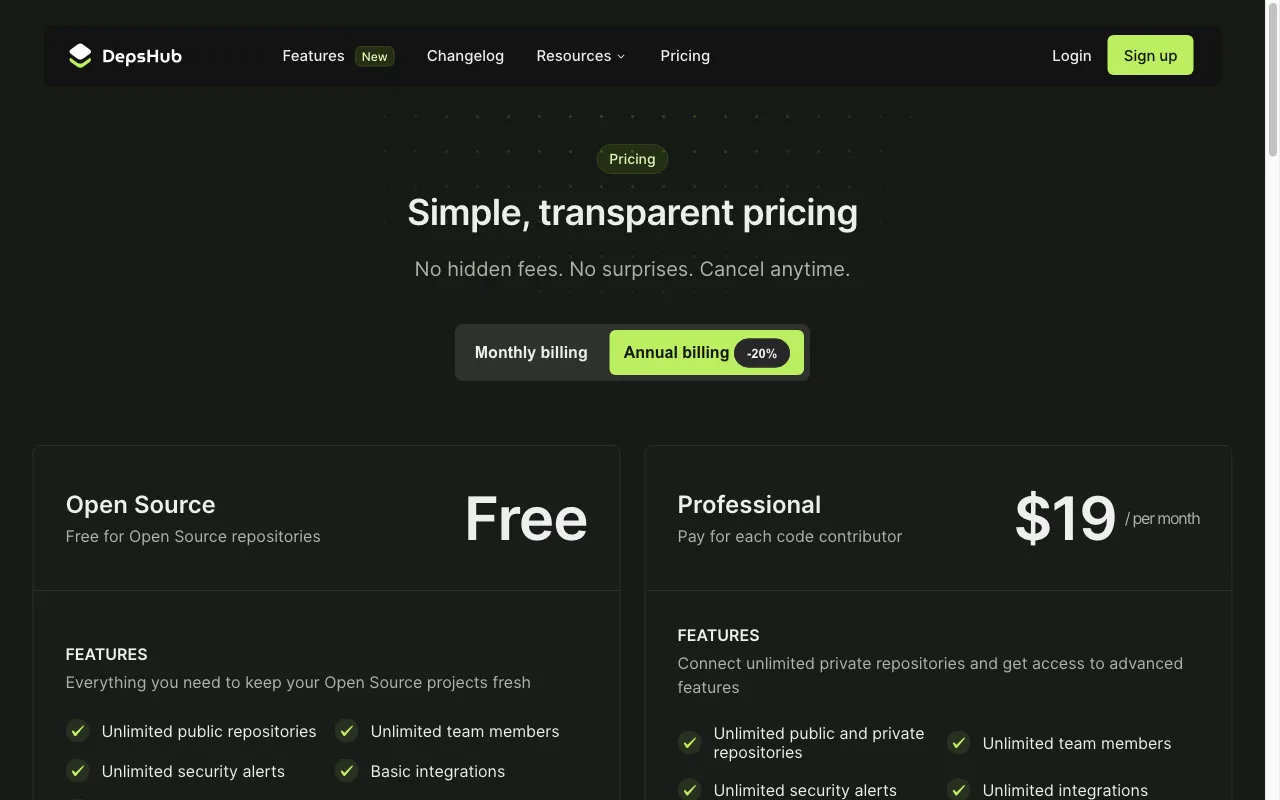 DepsHub — pricing page