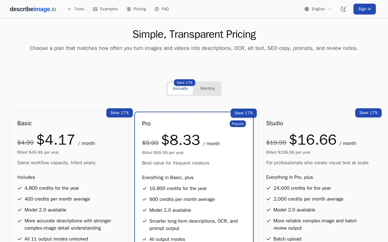 Describe Image — pricing page