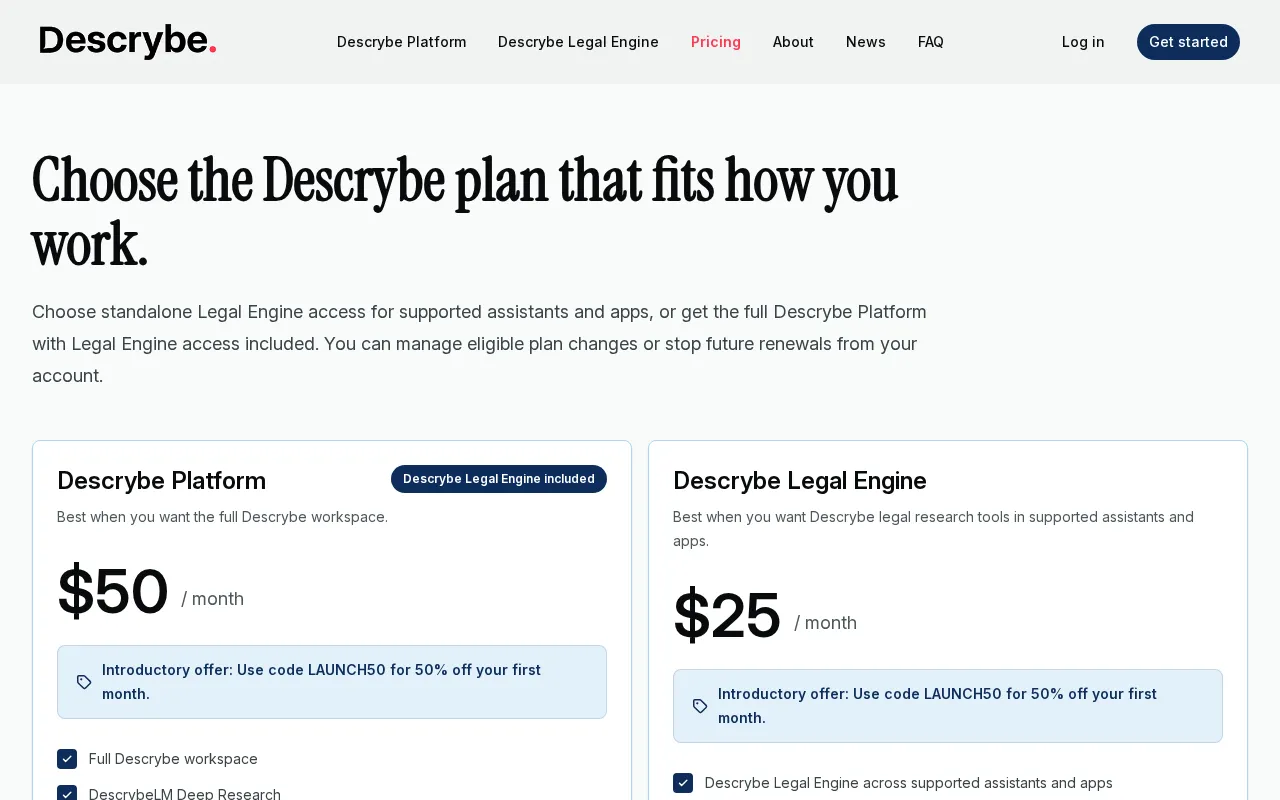 Descrybe — pricing page