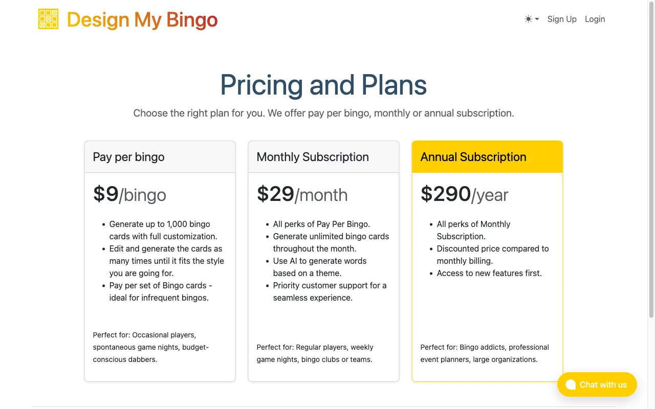 Design My Bingo — pricing page