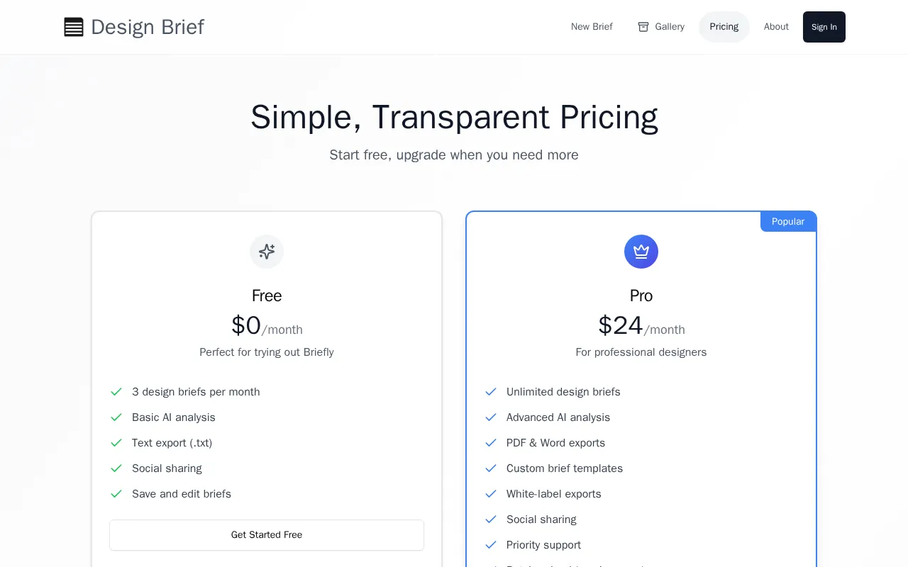 Briefly — pricing page