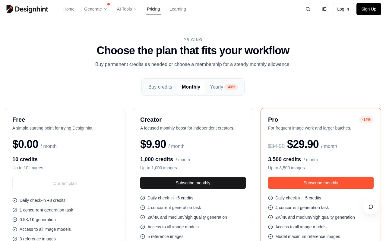Designhint Image to Image AI — pricing page