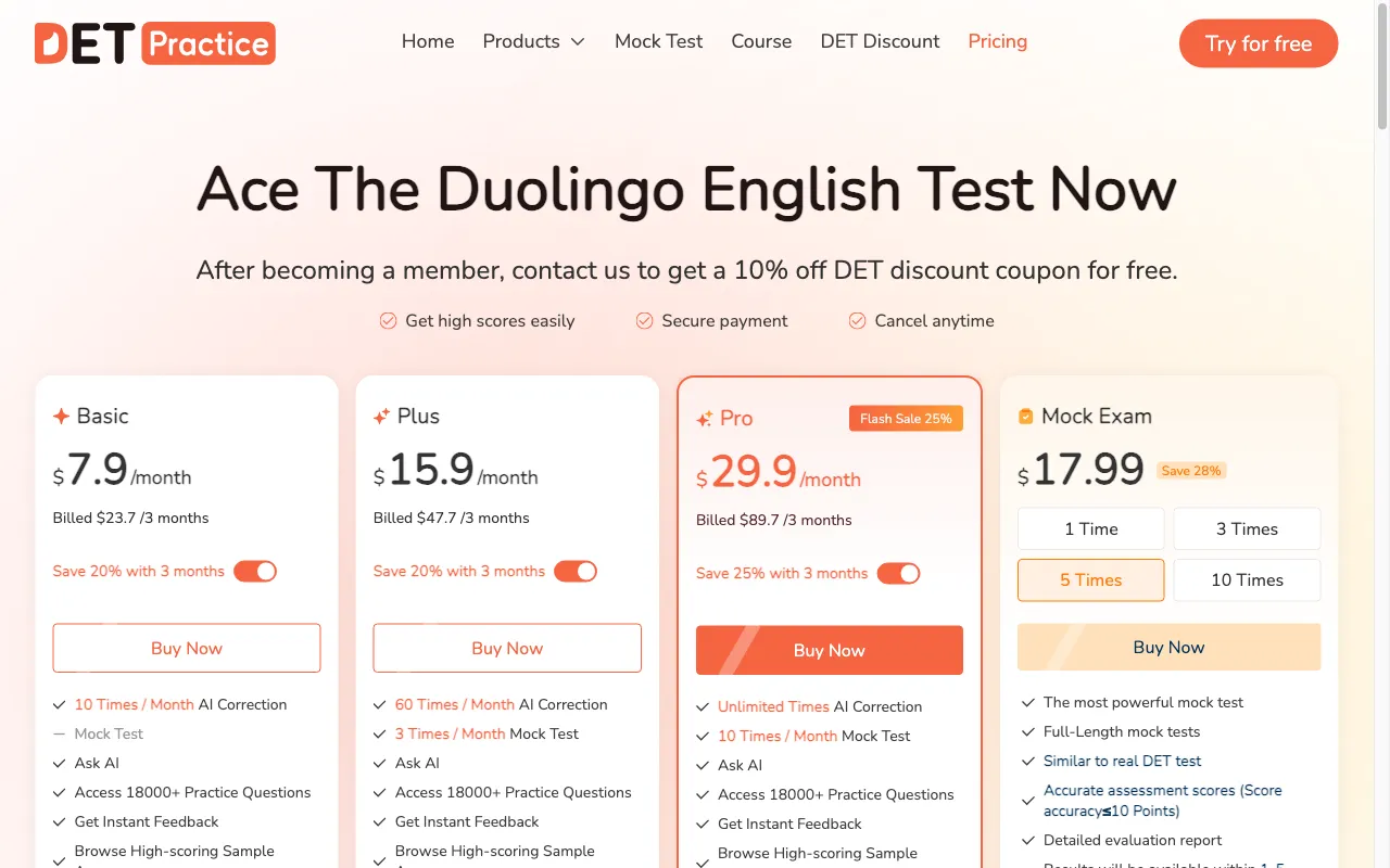 DET Practice — pricing page