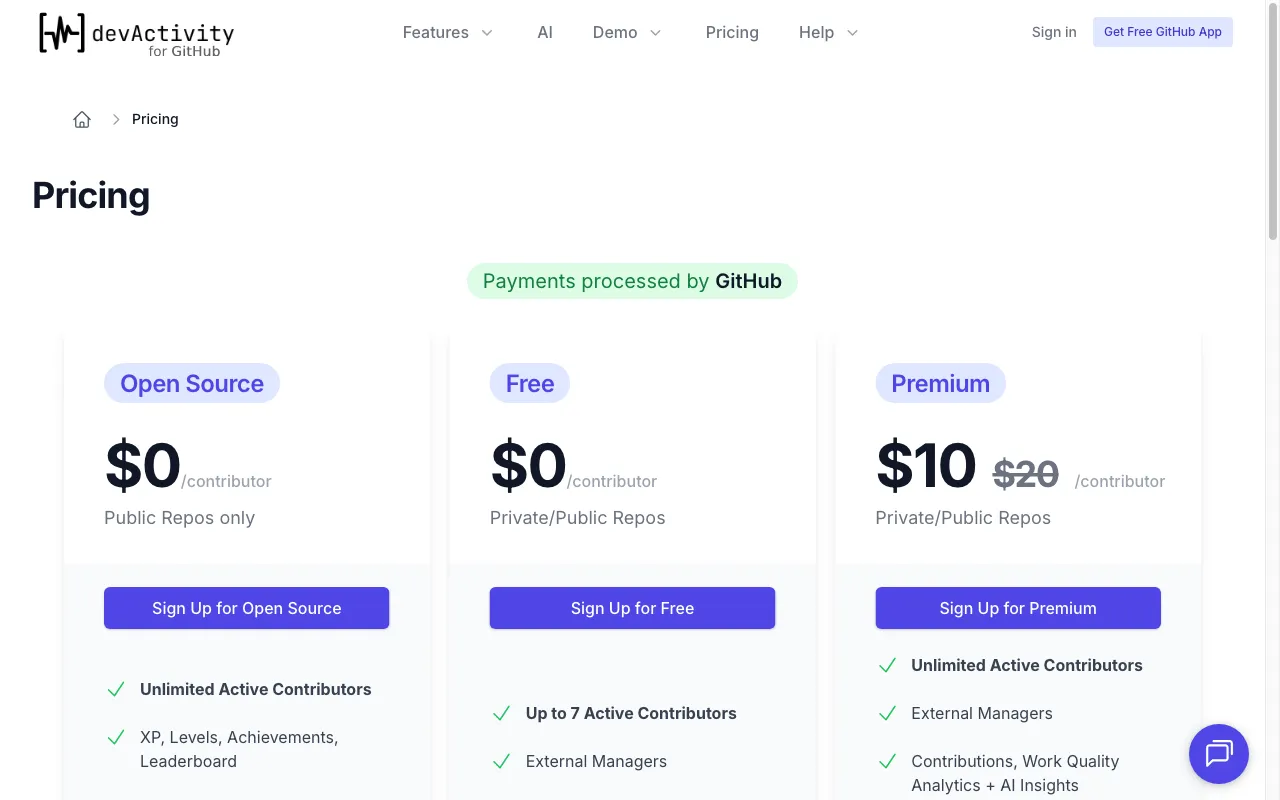 devActivity — pricing page