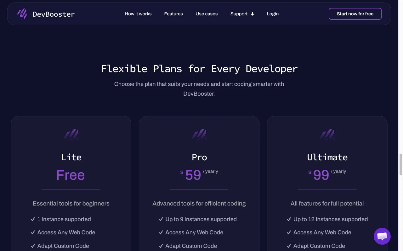DevBooster — pricing page