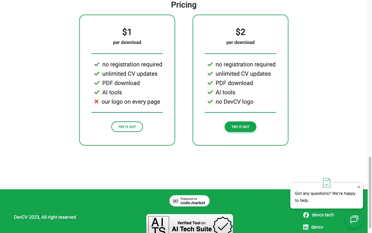 DevCV — pricing page