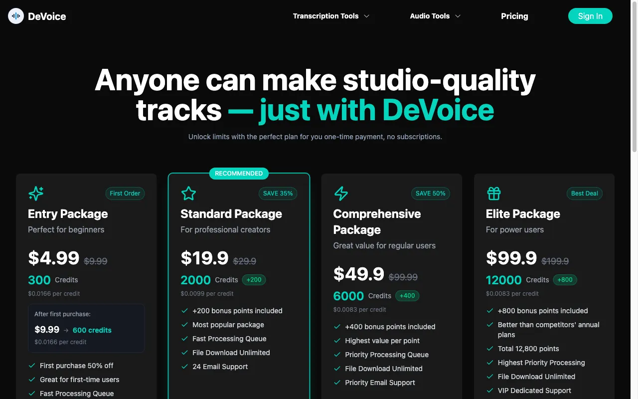 DeVoice — pricing page