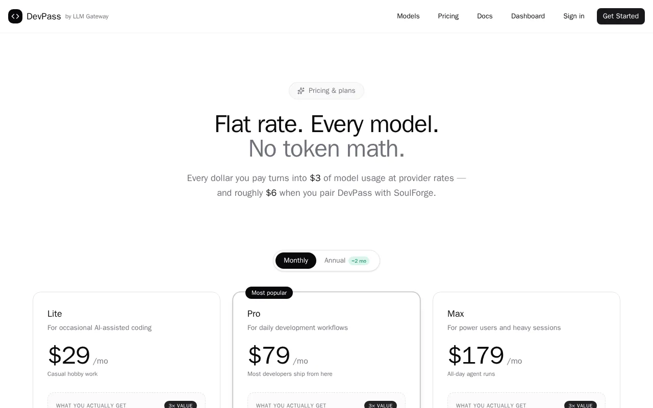 DevPass by LLM Gateway — pricing page