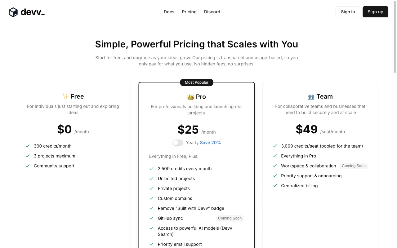 Devv.AI — pricing page