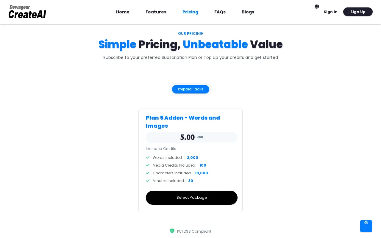 Dewagear CreateAI — pricing page