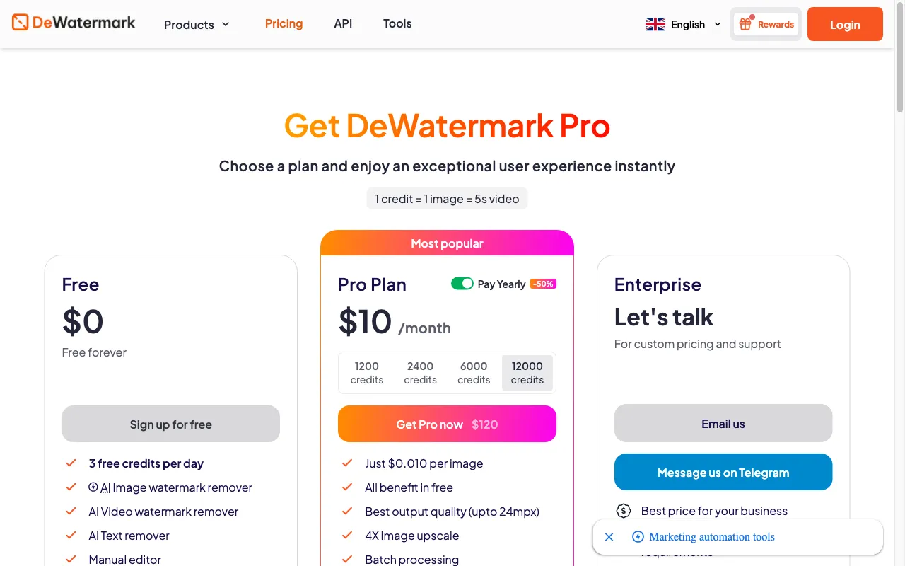 Dewatermark AI — pricing page