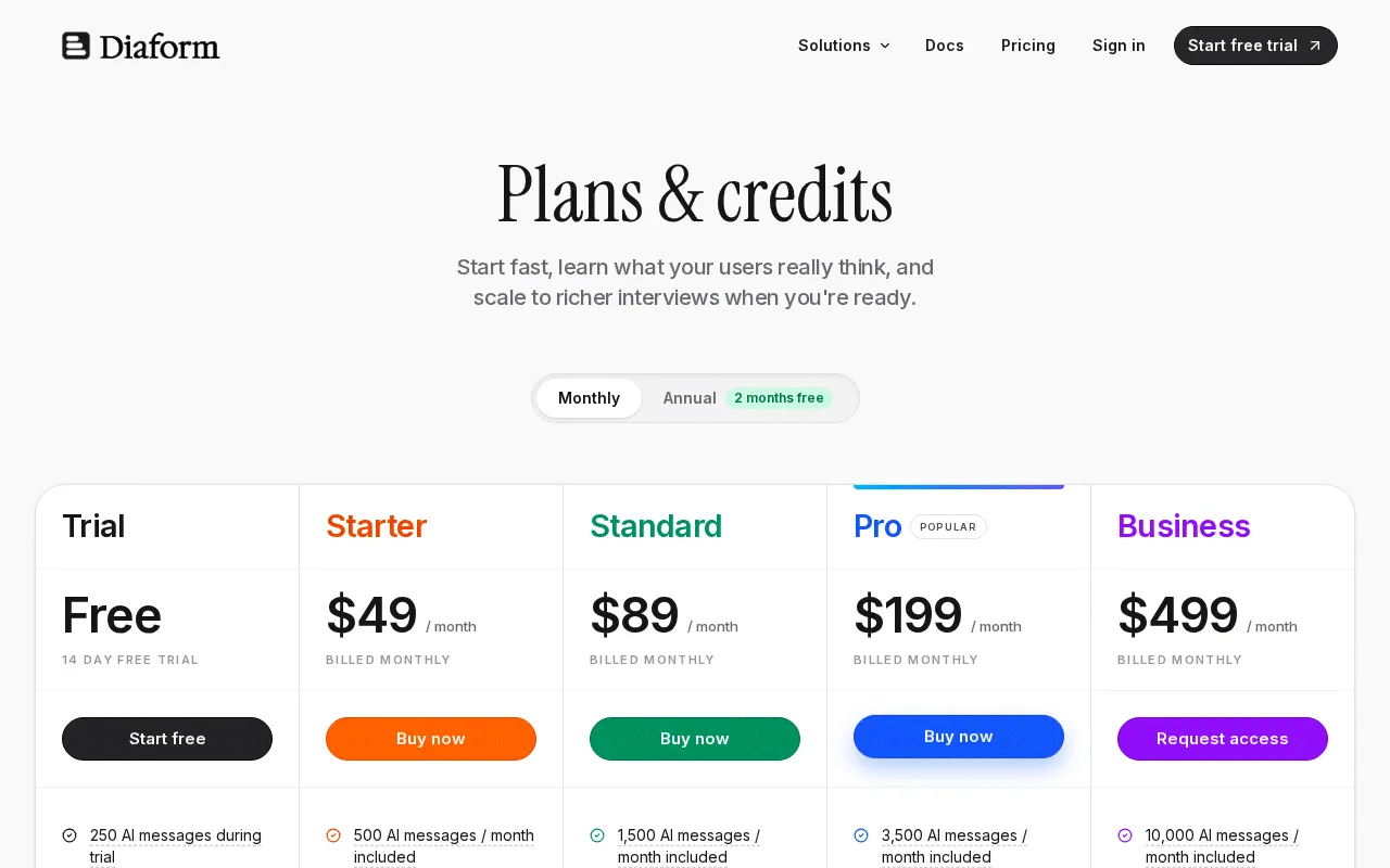 Diaform — pricing page