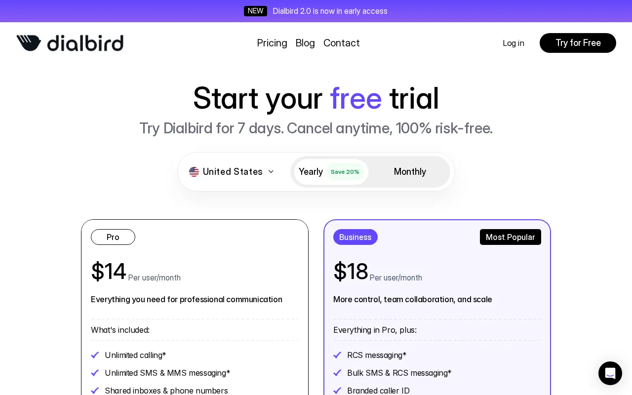 dialbird — pricing page