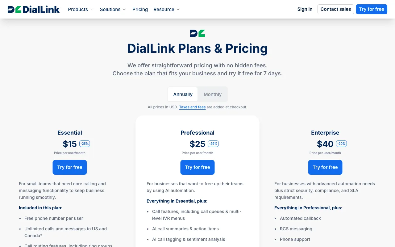DialLink's AI Voice Agents — pricing page