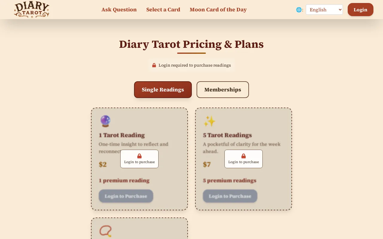 Diary Tarot — pricing page