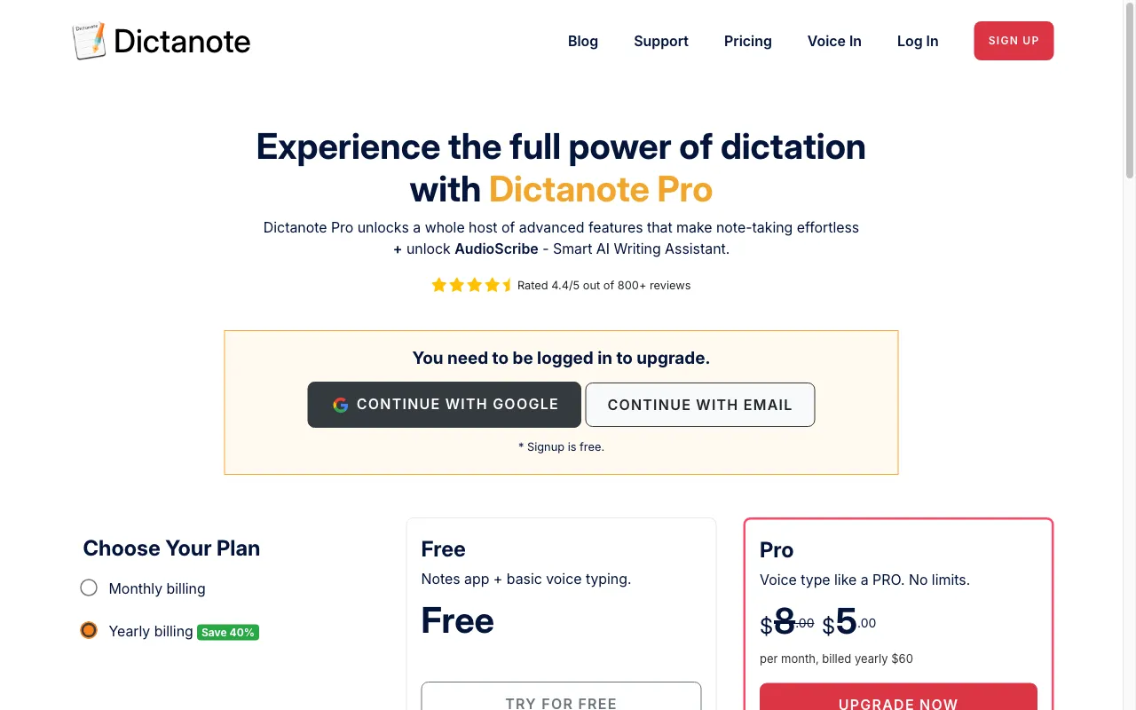 Dictanote — pricing page