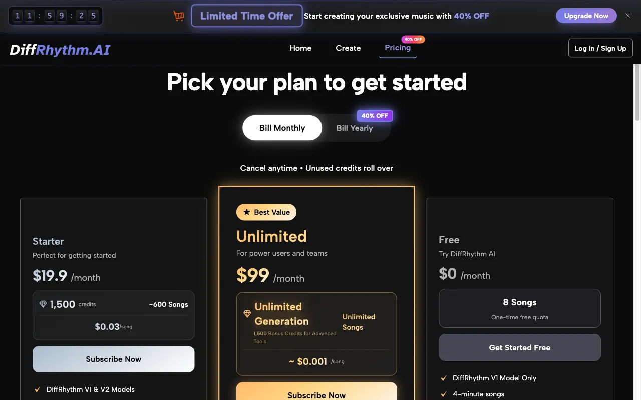 DiffRhythm AI — pricing page