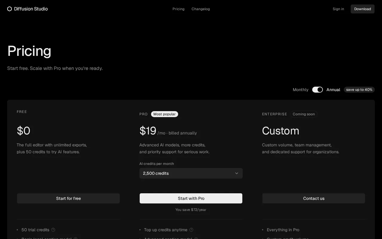 Diffusion Studio — pricing page