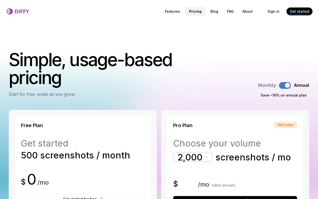 Diffy — pricing page