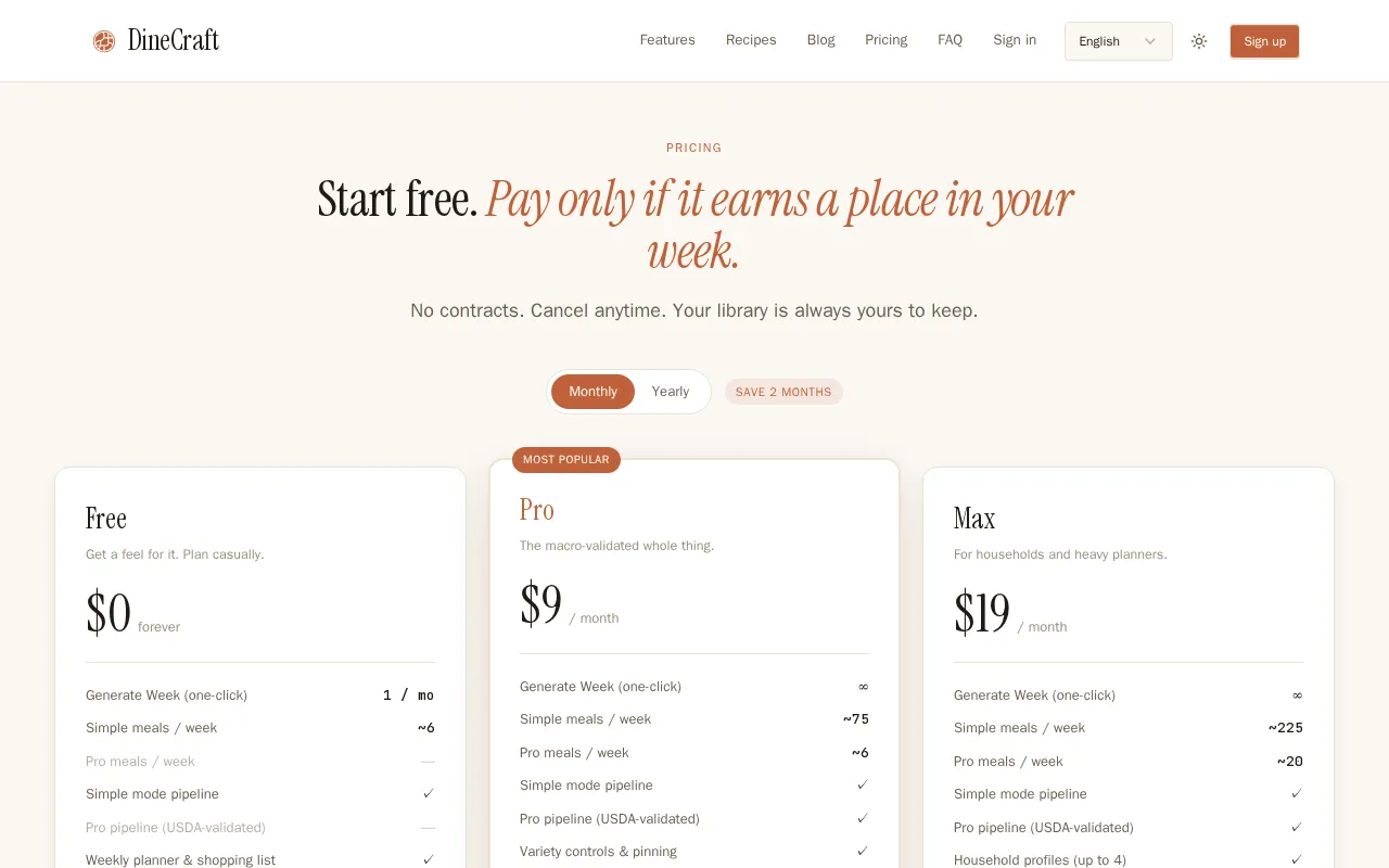 DineCraft — pricing page