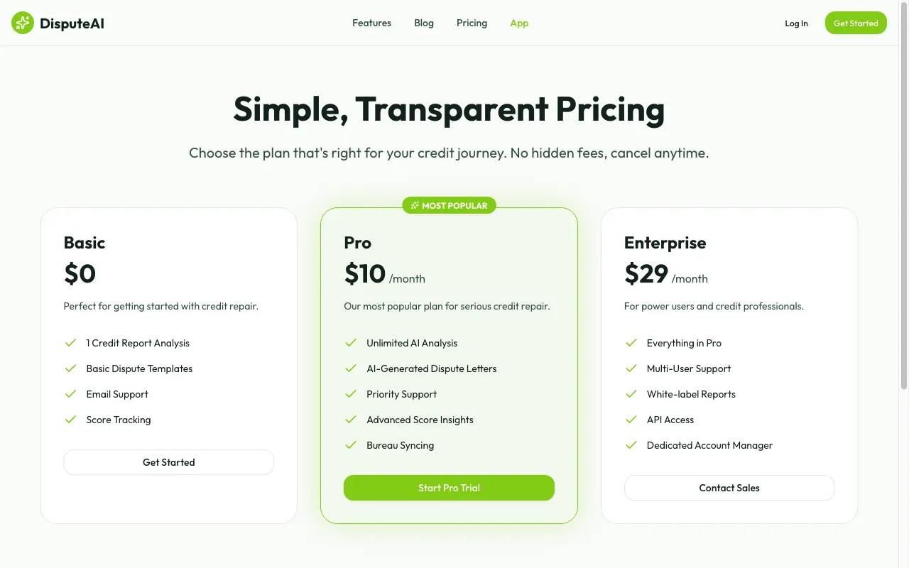 DisputeAI — pricing page