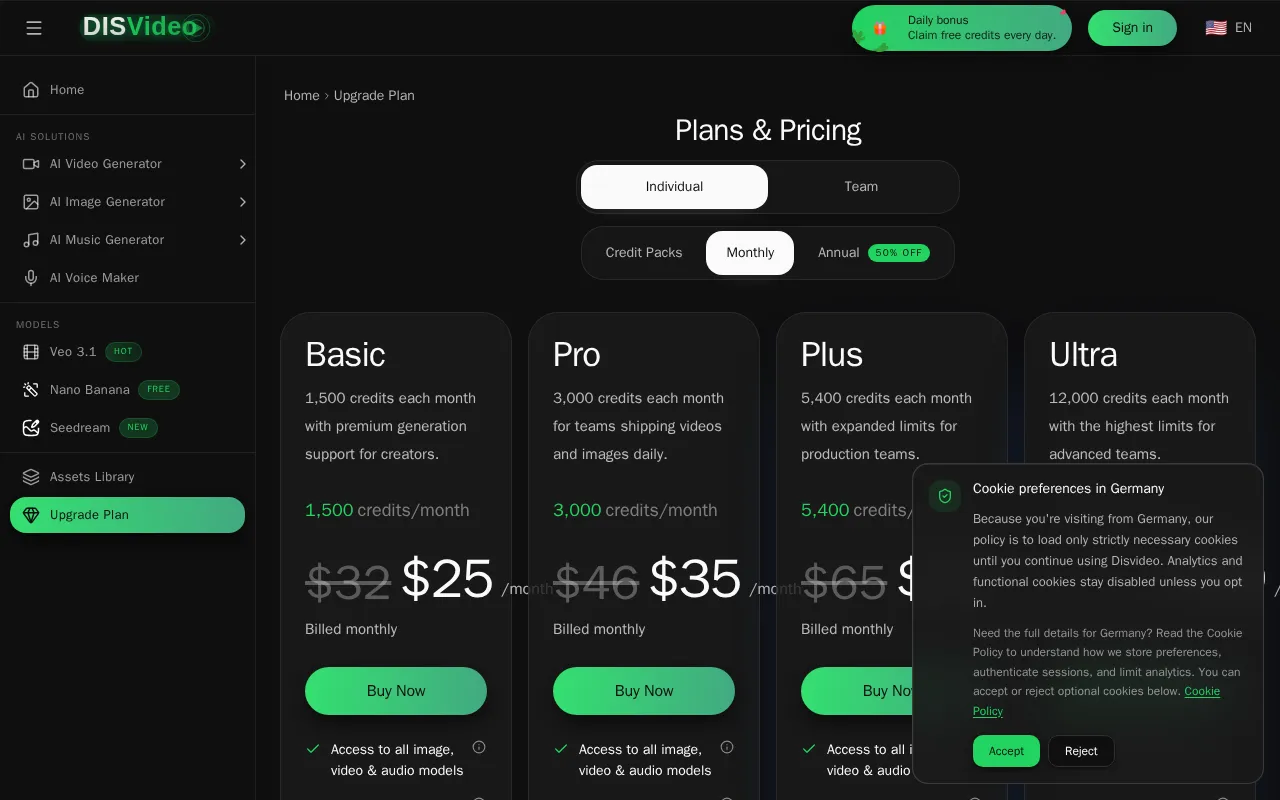 DisVideo AI — pricing page