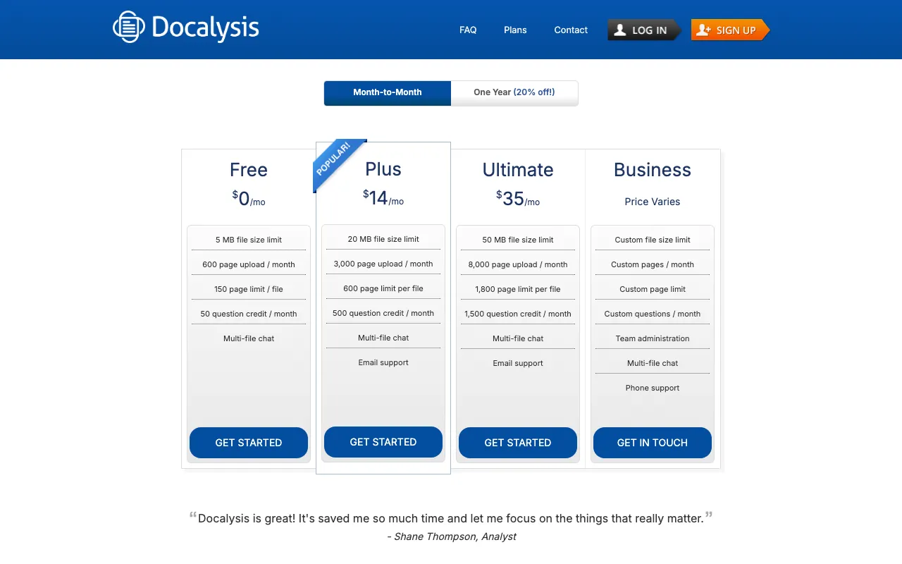 Docalysis — pricing page