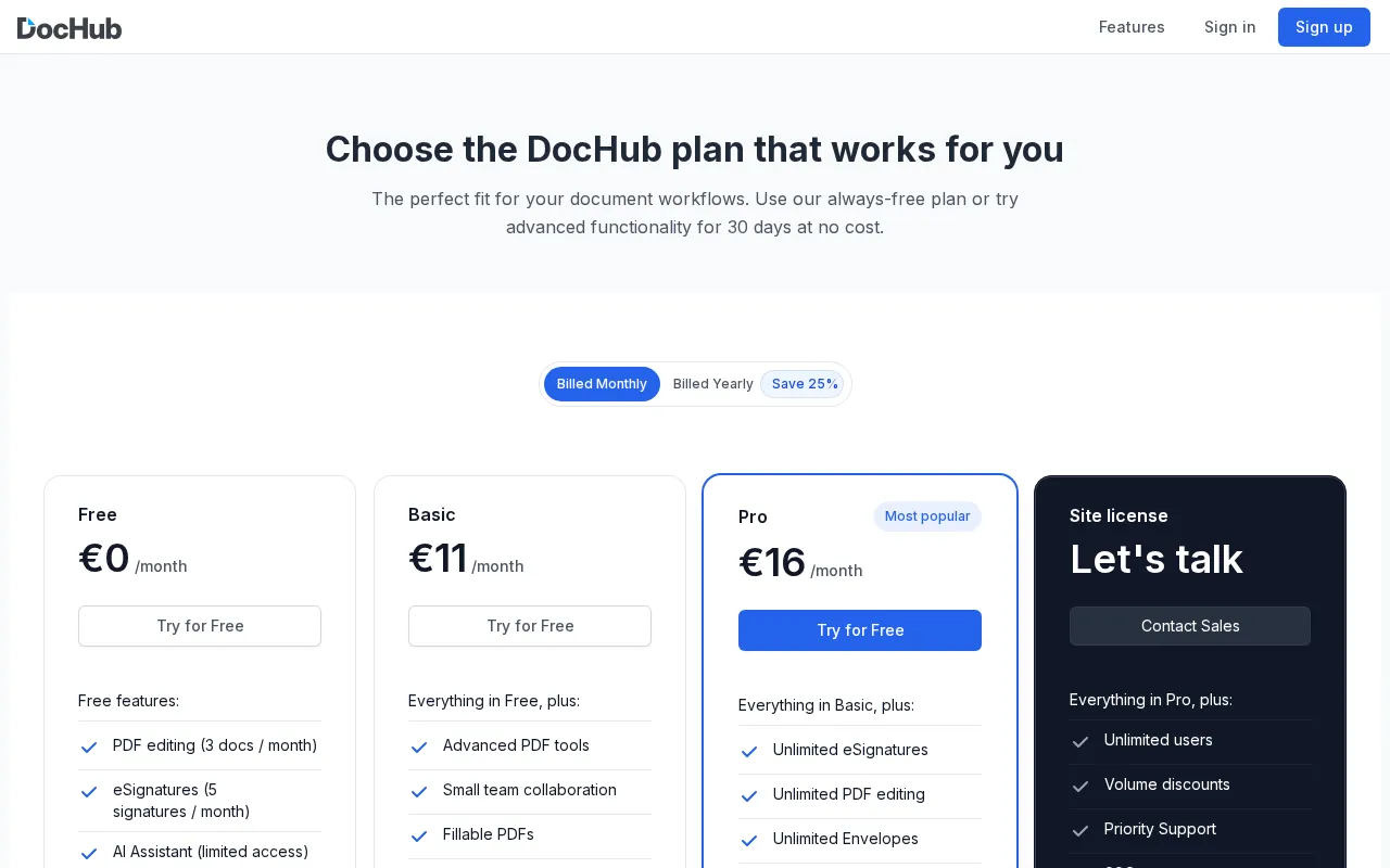 DocHub — pricing page