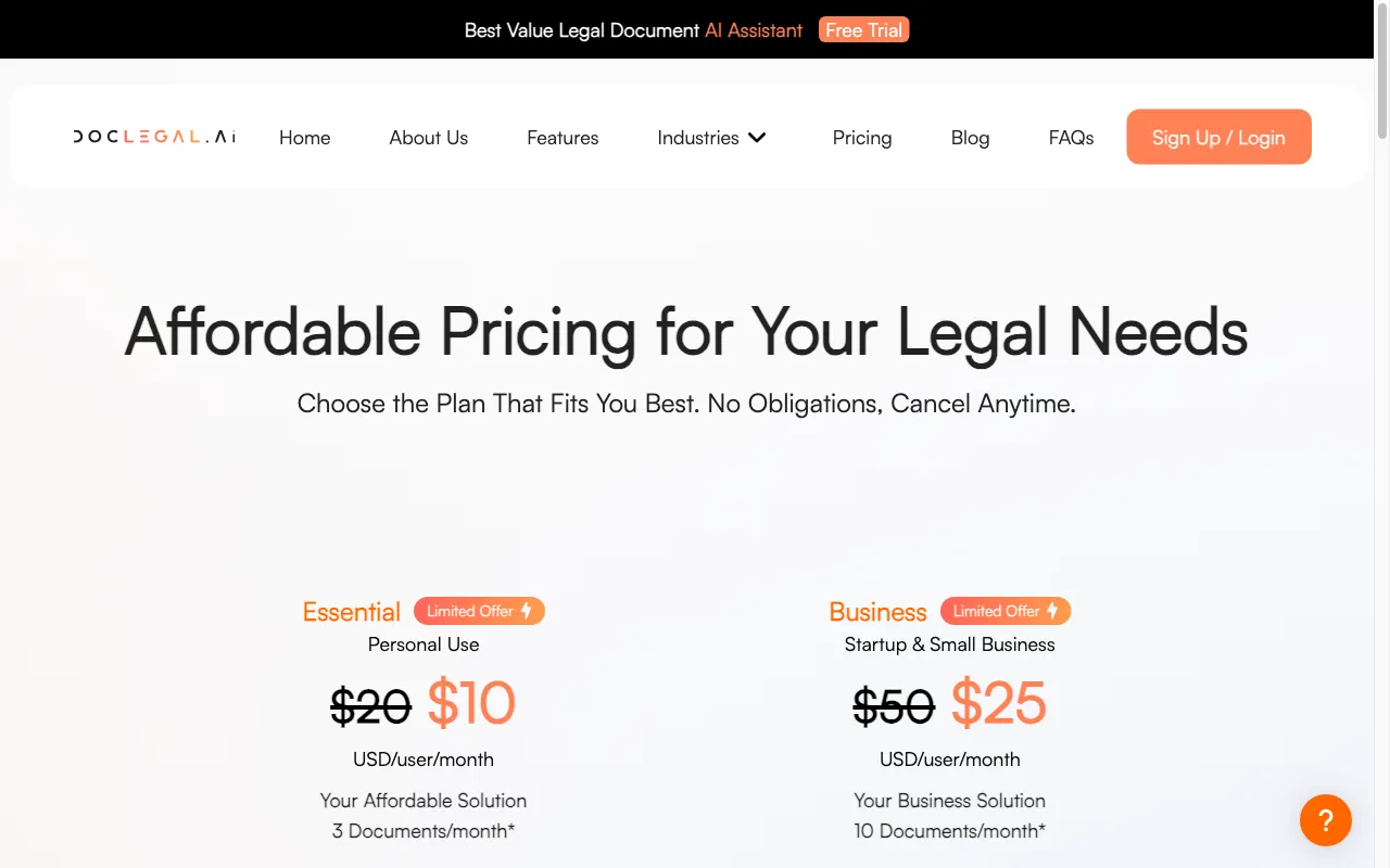 DocLegal.ai — pricing page