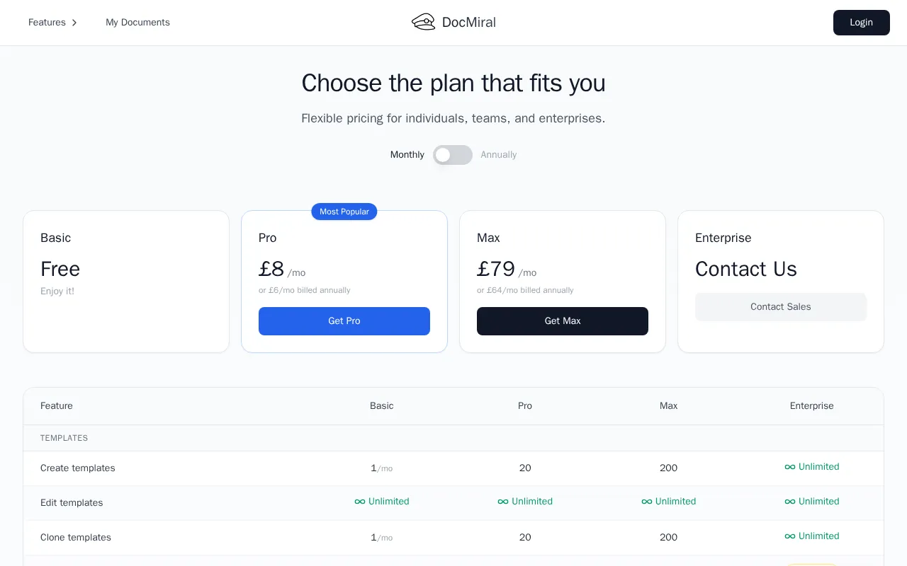 Docmiral — pricing page