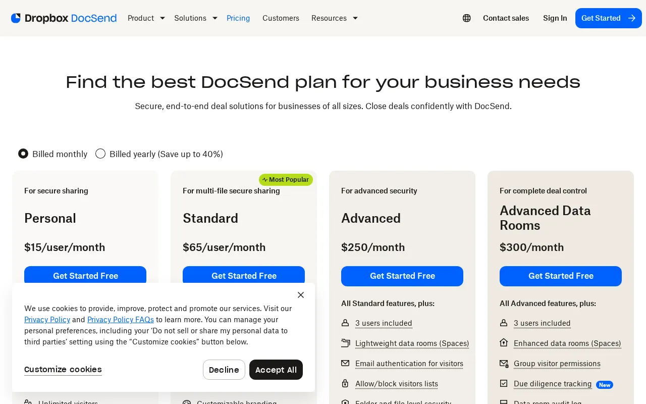 Docsend — pricing page