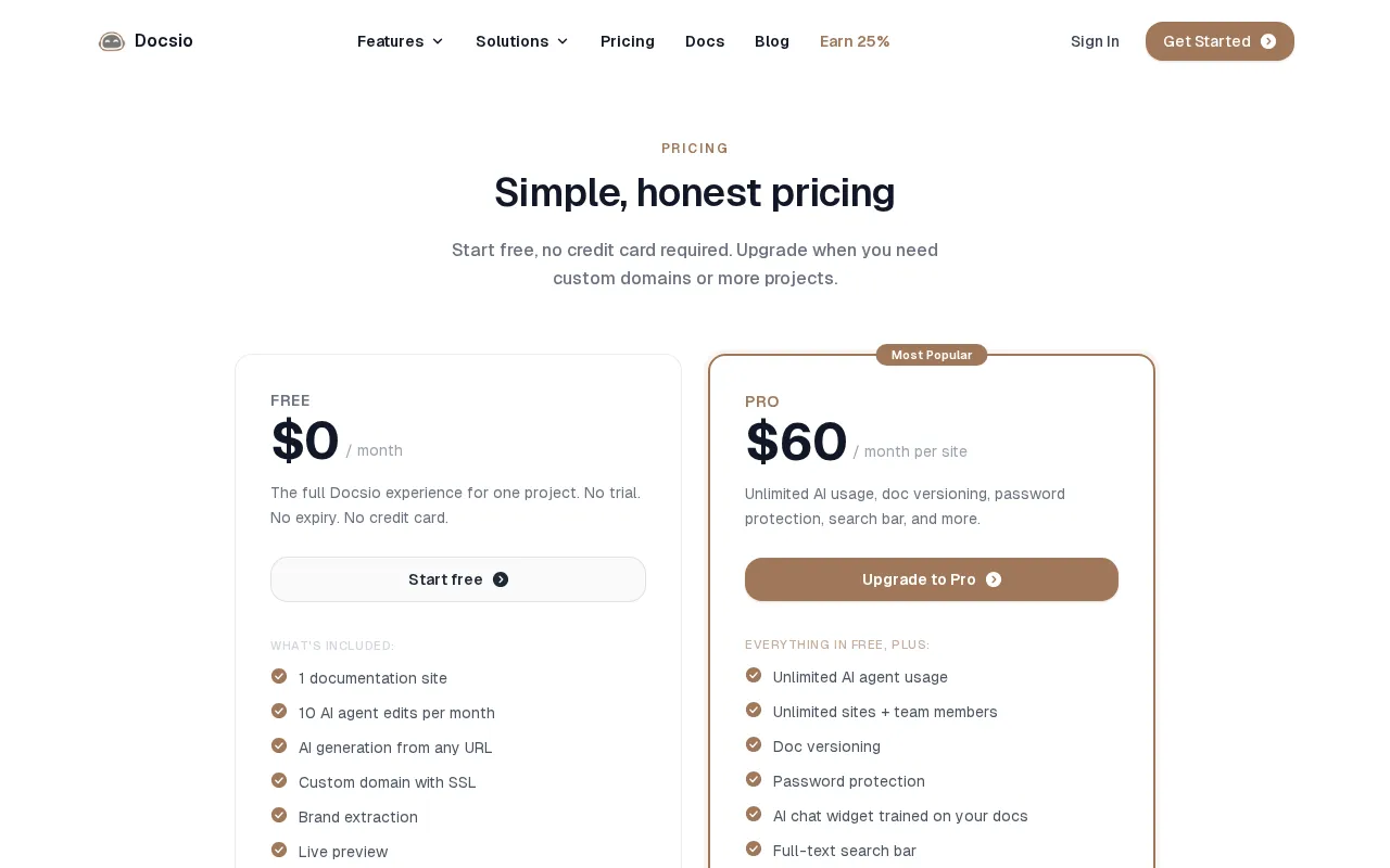 Docsio — pricing page
