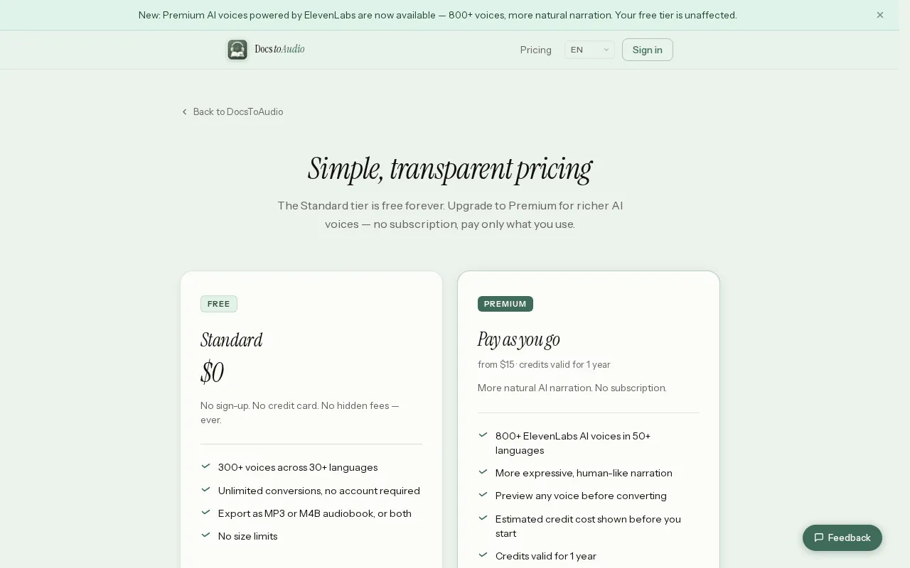 docstoaudio.online — pricing page