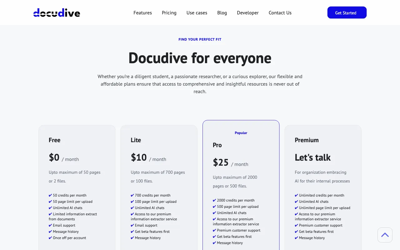DocuDive — pricing page