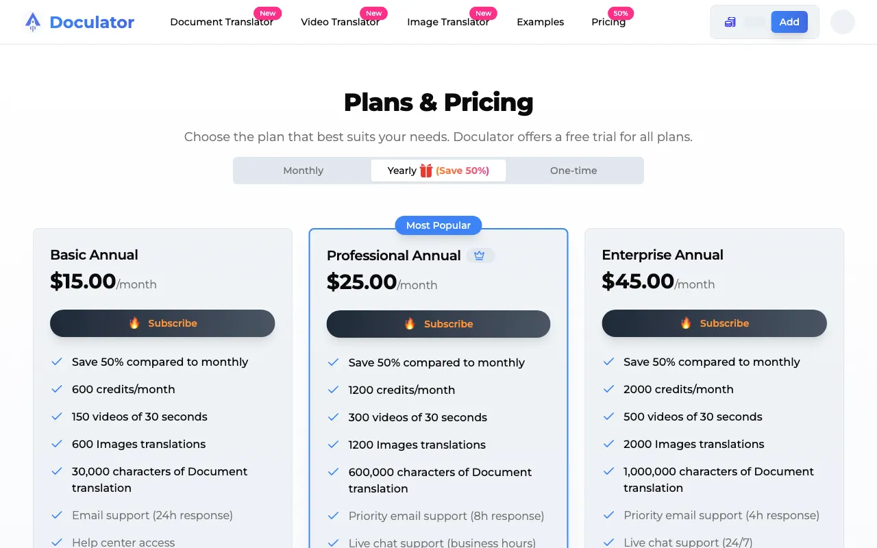 Doculator — pricing page