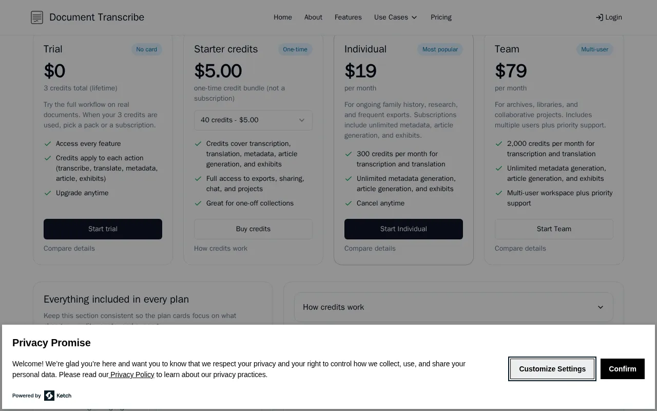 Document Transcribe — pricing page