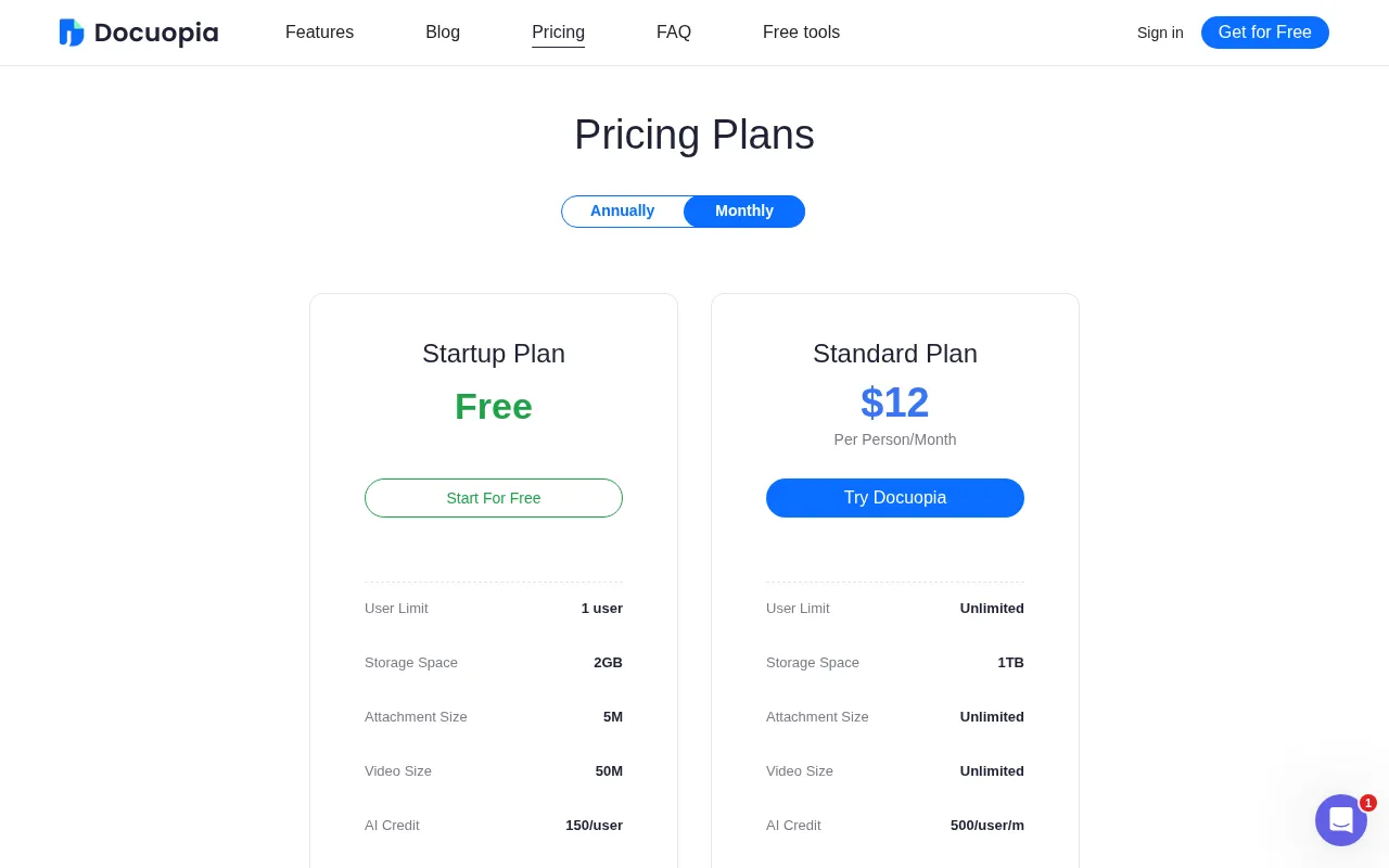 Docuopia — pricing page