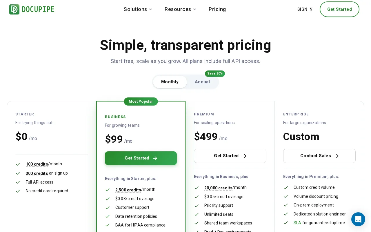 Docupipe — pricing page