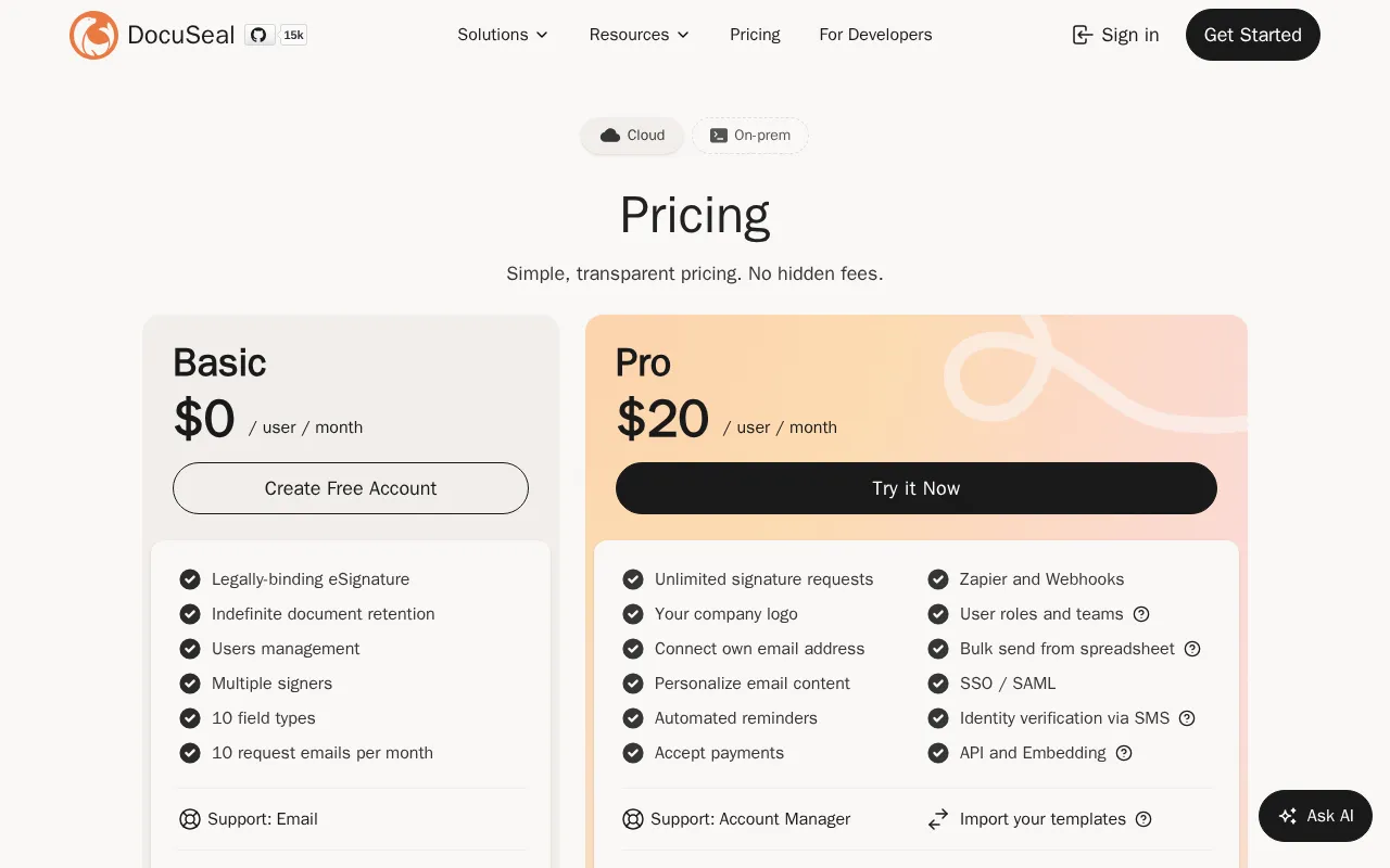 DocuSeal — pricing page