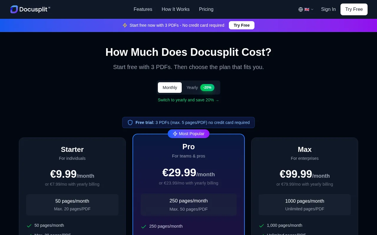 Docusplit AI — pricing page